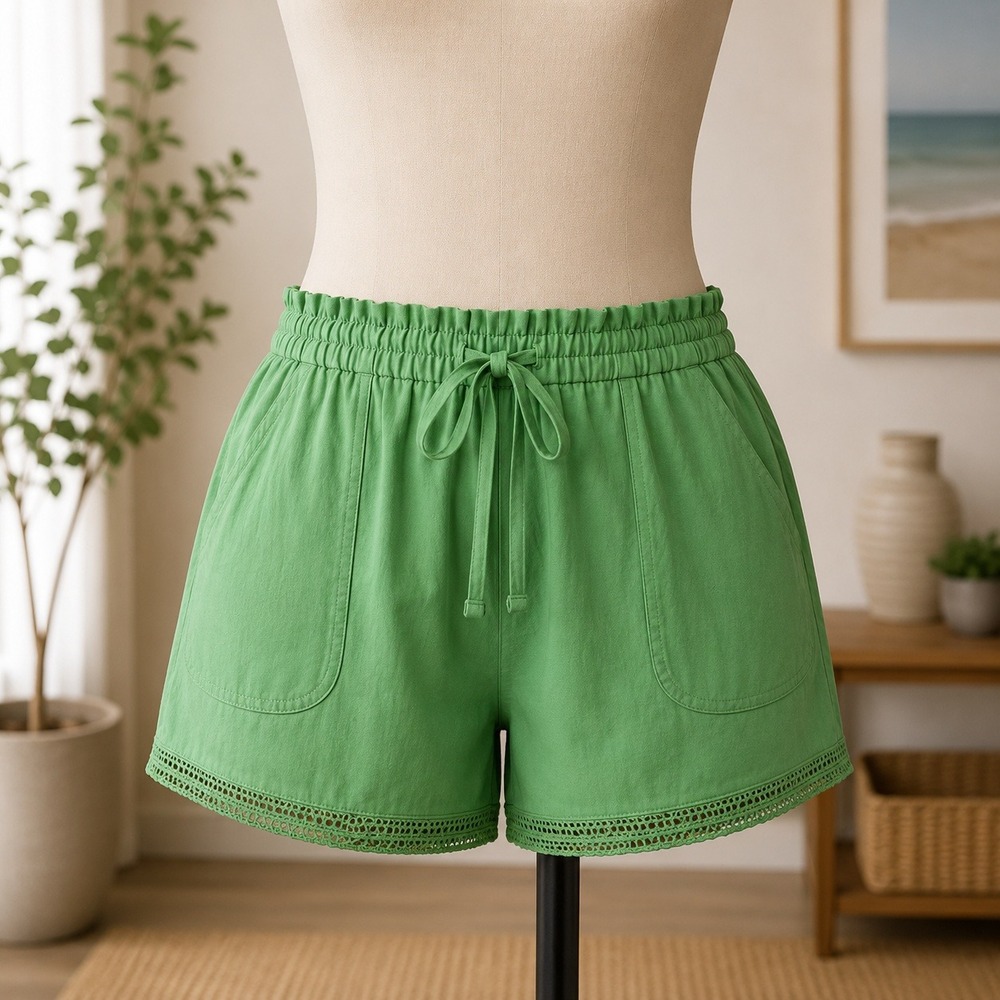 NWT Joie Paperbag Waist Shorts Womens Medium Green Crochet Lace Trim Drawstring